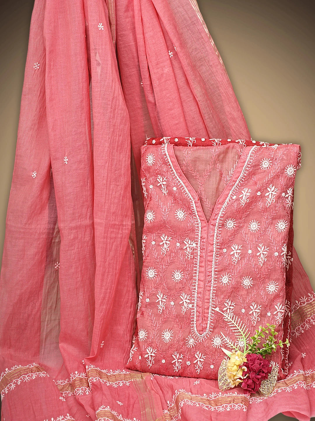 Ada Hand Embroidered Ombre Shade Of Blushed Brick & Carrot Pink Chanderi Lucknowi Chikankari Semi-Stitched Kurta Dupatta Set With Cutdana Work 01A931932