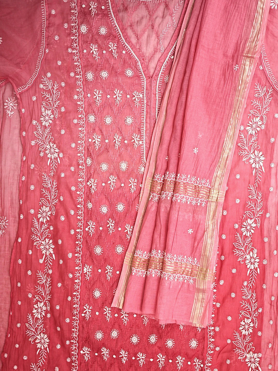 Ada Hand Embroidered Ombre Shade Of Blushed Brick & Carrot Pink Chanderi Lucknowi Chikankari Semi-Stitched Kurta Dupatta Set With Cutdana Work 01A931932