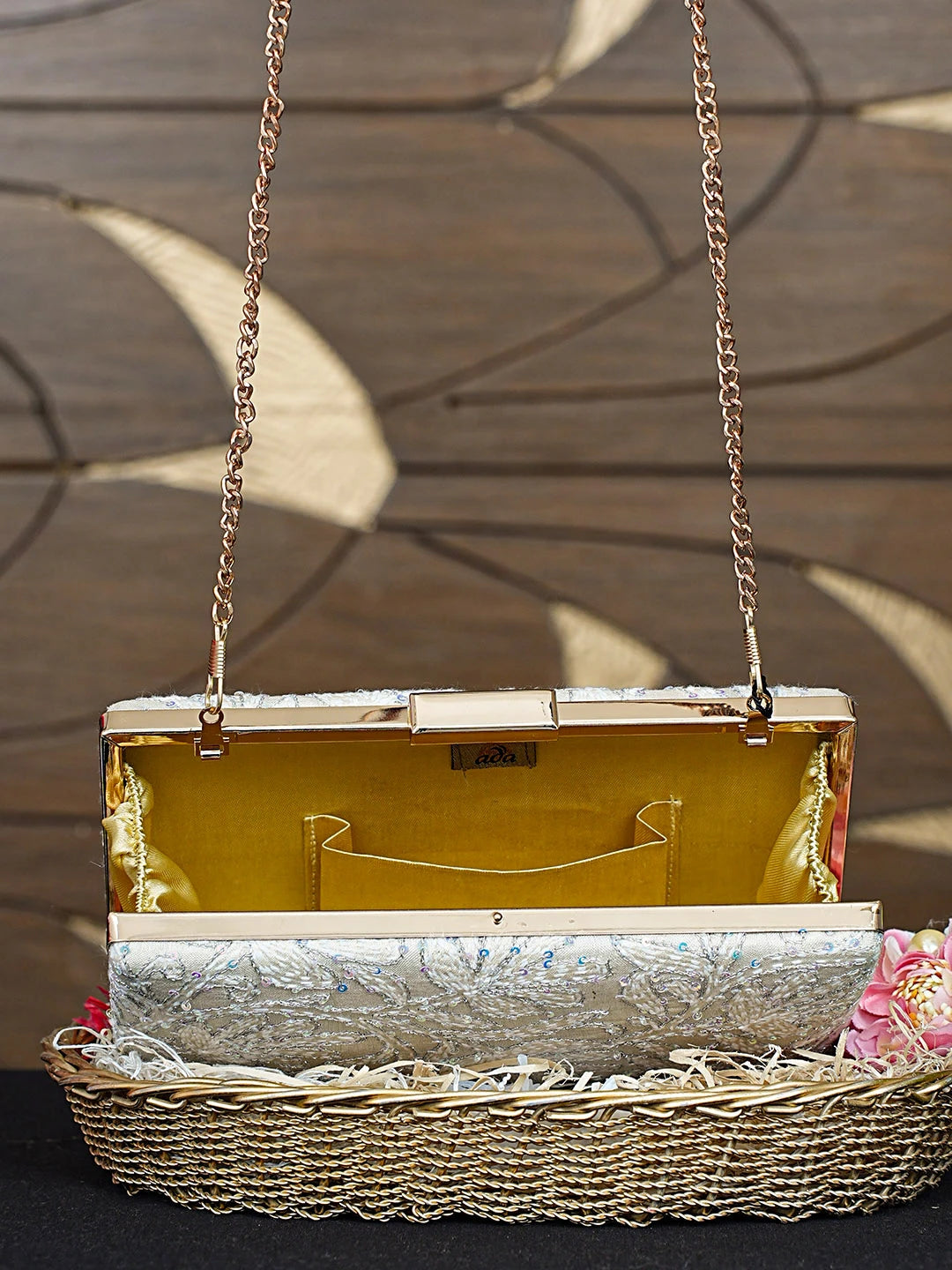 Ada Hand Embroidered White Old Lace Silk Lucknowi Chikankari Clutch With Zari Work 01A925596