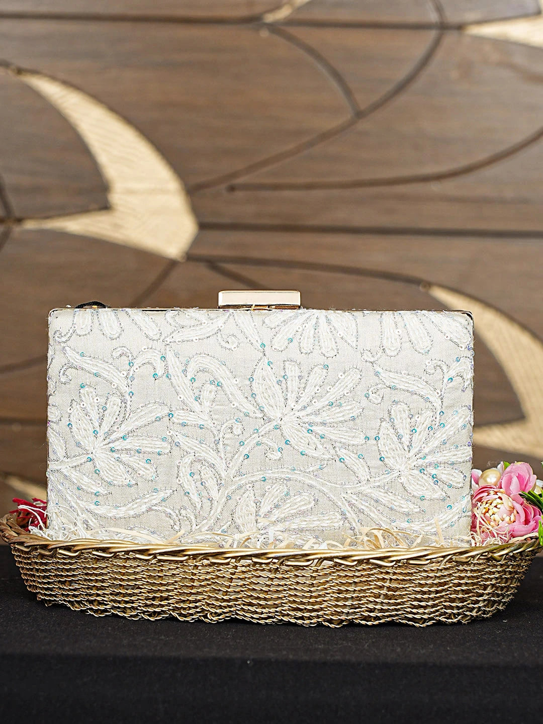 Ada Hand Embroidered White Old Lace Silk Lucknowi Chikankari Clutch With Zari Work 01A925596