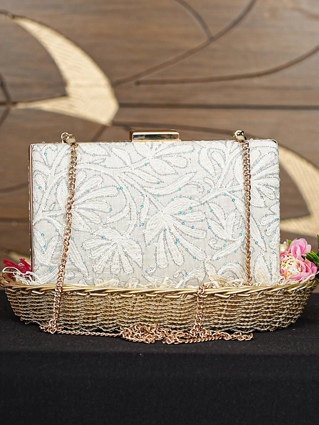 Ada Hand Embroidered White Old Lace Silk Lucknowi Chikankari Clutch With Zari Work 01A925596