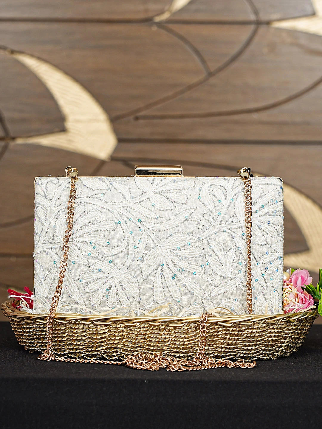 Ada Hand Embroidered White Old Lace Silk Lucknowi Chikankari Clutch With Zari Work 01A925596