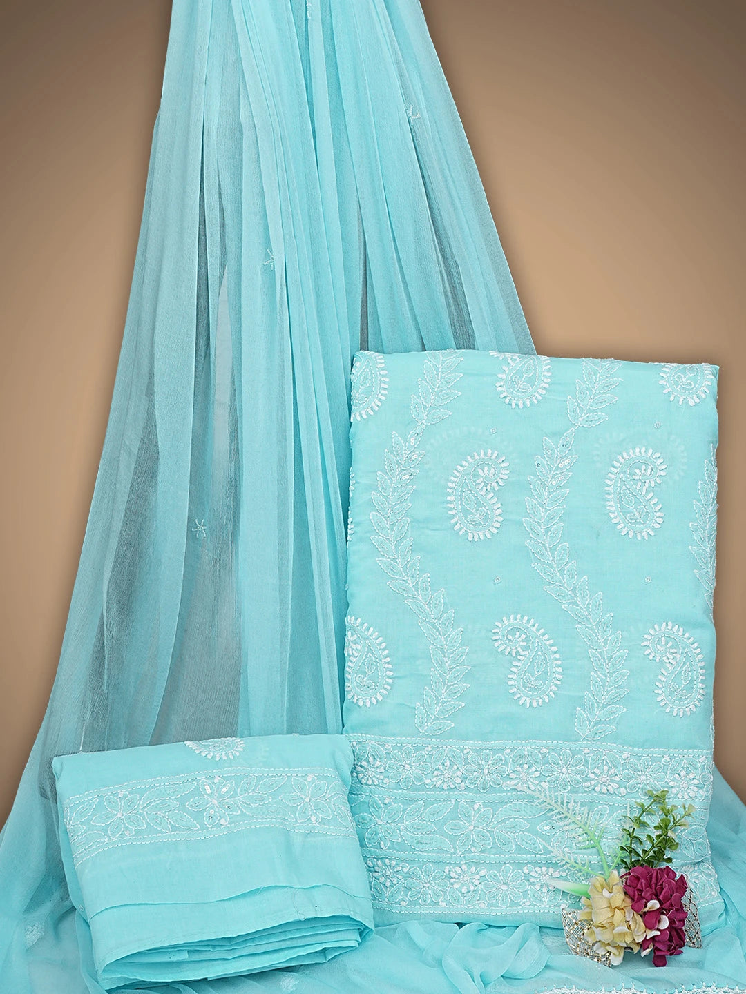 Ada Hand Embroidered Blue Cotton Lucknowi Chikankari Unstitched Suit Piece With Cutdana Work 01A861439