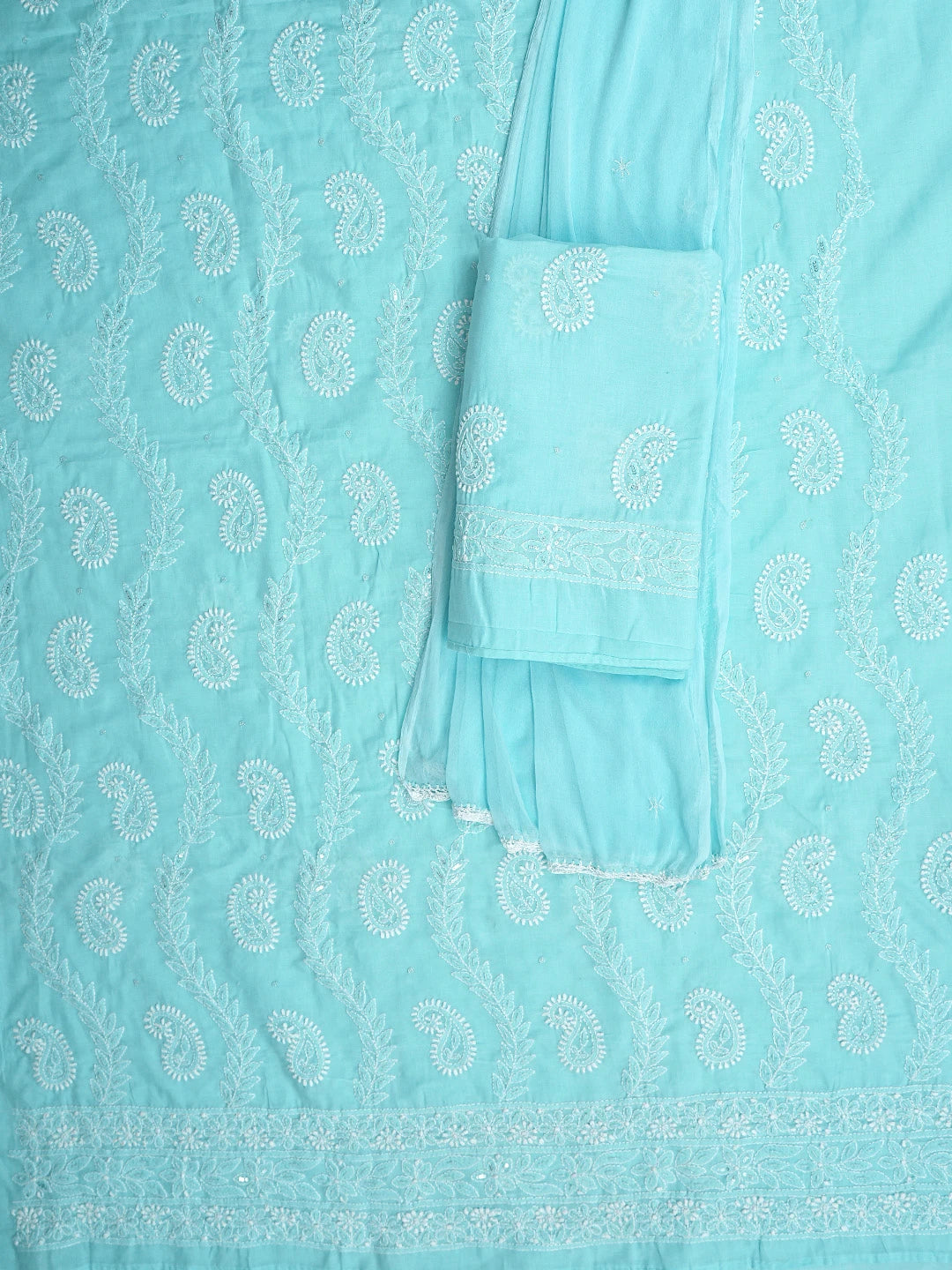 Ada Hand Embroidered Blue Cotton Lucknowi Chikankari Unstitched Suit Piece With Cutdana Work 01A861439