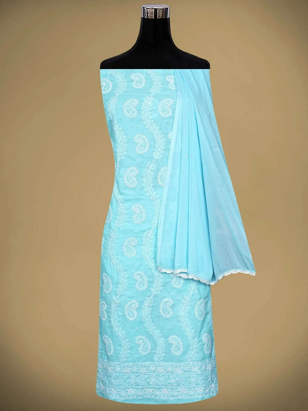 Ada Hand Embroidered Blue Cotton Lucknowi Chikankari Unstitched Suit Piece With Cutdana Work 01A861439