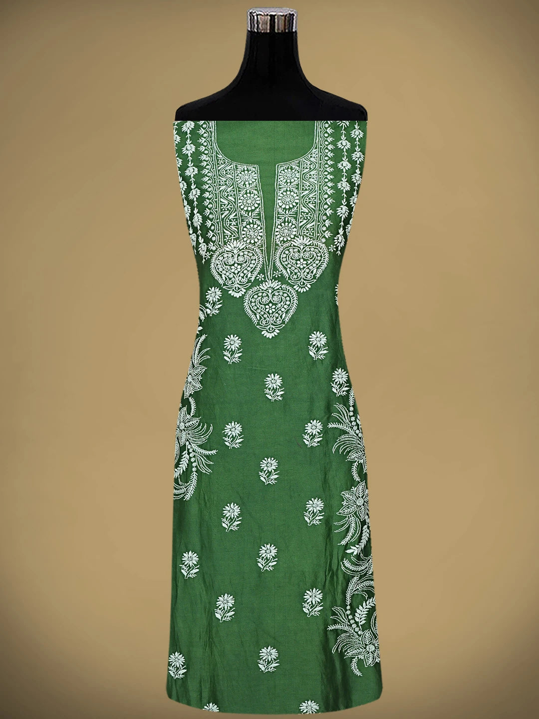 Ada Hand Embroidered Bottle Green Chanderi Lucknowi Chikankari Unstitched Suit Piece 01A805709