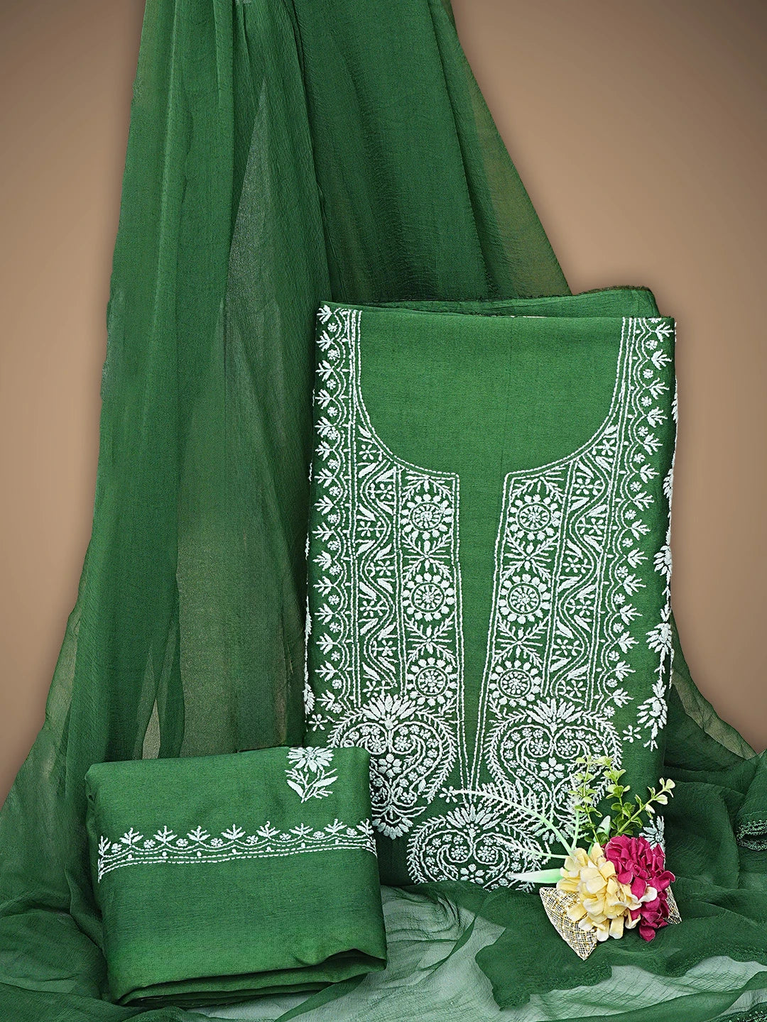 Ada Hand Embroidered Bottle Green Chanderi Lucknowi Chikankari Unstitched Suit Piece 01A805709