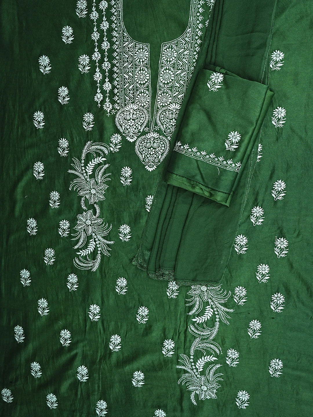 Ada Hand Embroidered Bottle Green Chanderi Lucknowi Chikankari Unstitched Suit Piece 01A805709
