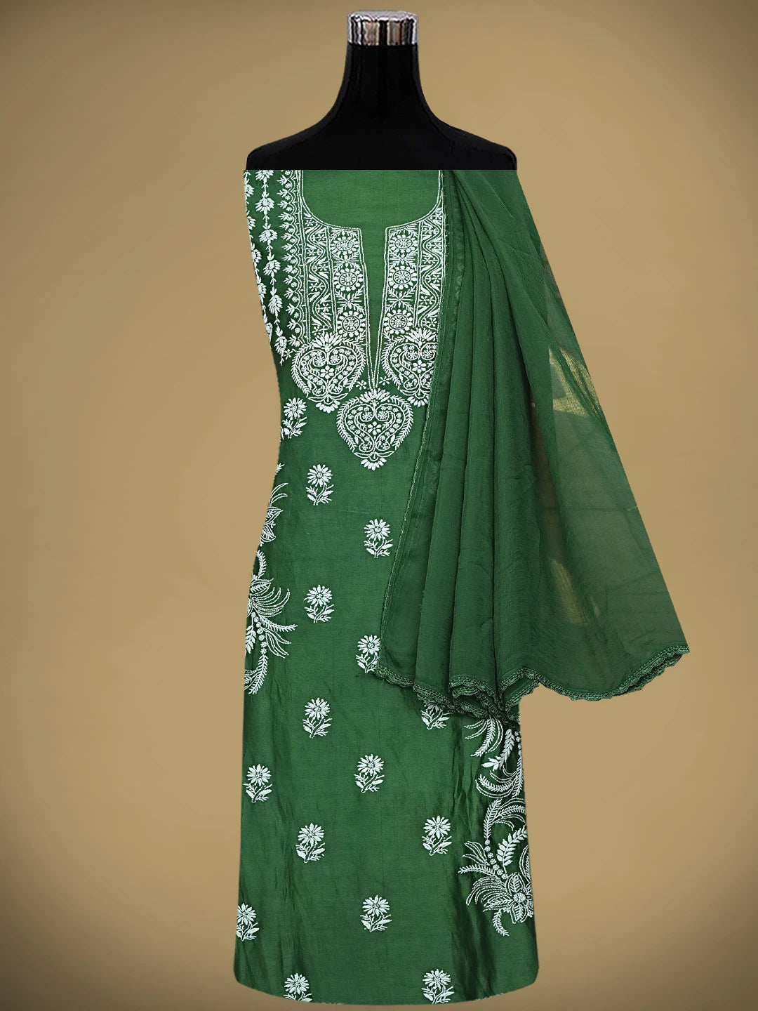 Ada Hand Embroidered Bottle Green Chanderi Lucknowi Chikankari Unstitched Suit Piece 01A805709