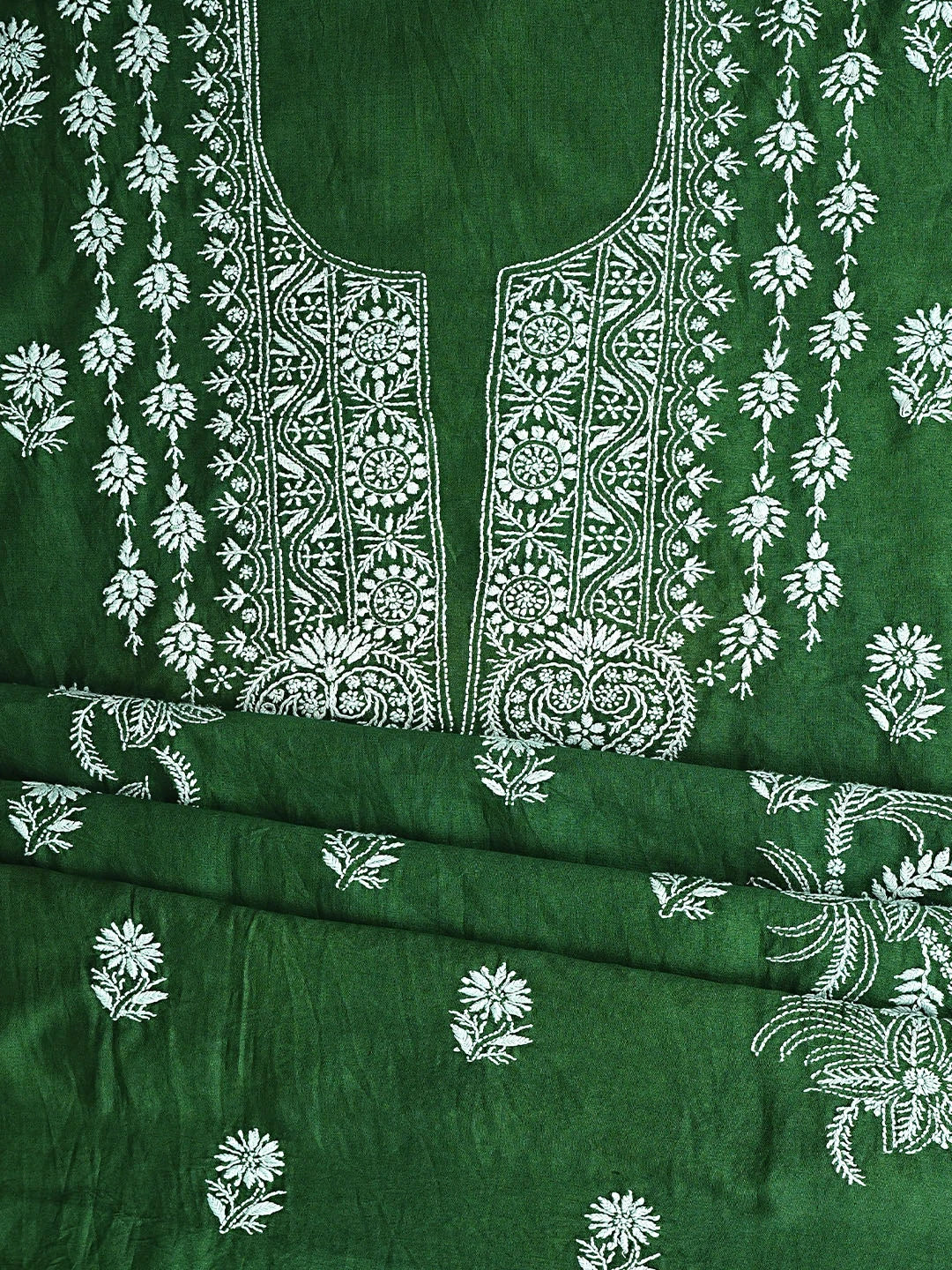 Ada Hand Embroidered Bottle Green Chanderi Lucknowi Chikankari Unstitched Suit Piece 01A805709