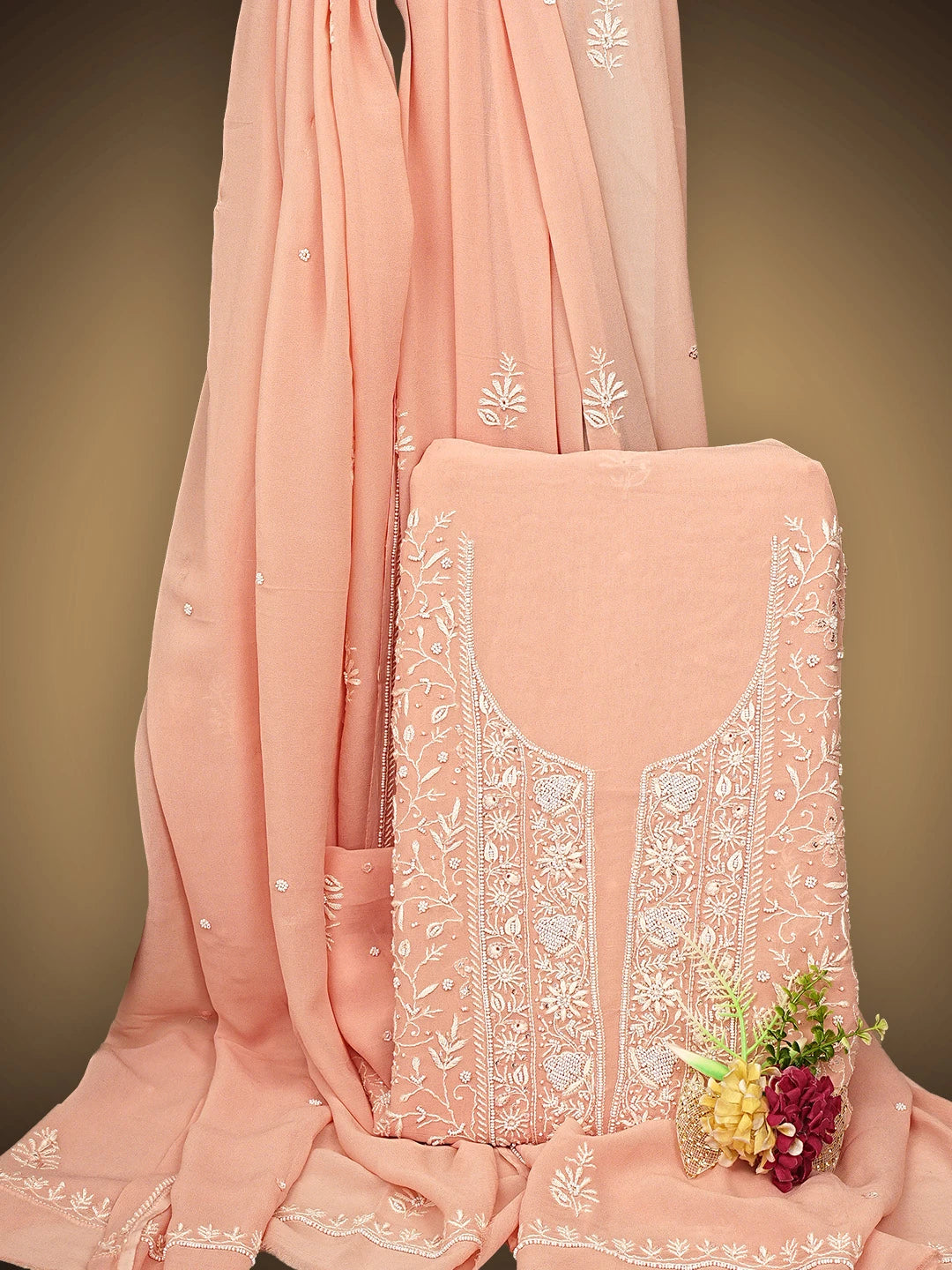 Ada Hand Embroidered Peach Viscose Georgette Lucknowi Chikankari Unstitched Kurta Dupatta Set With Cutdana Work 01A856619