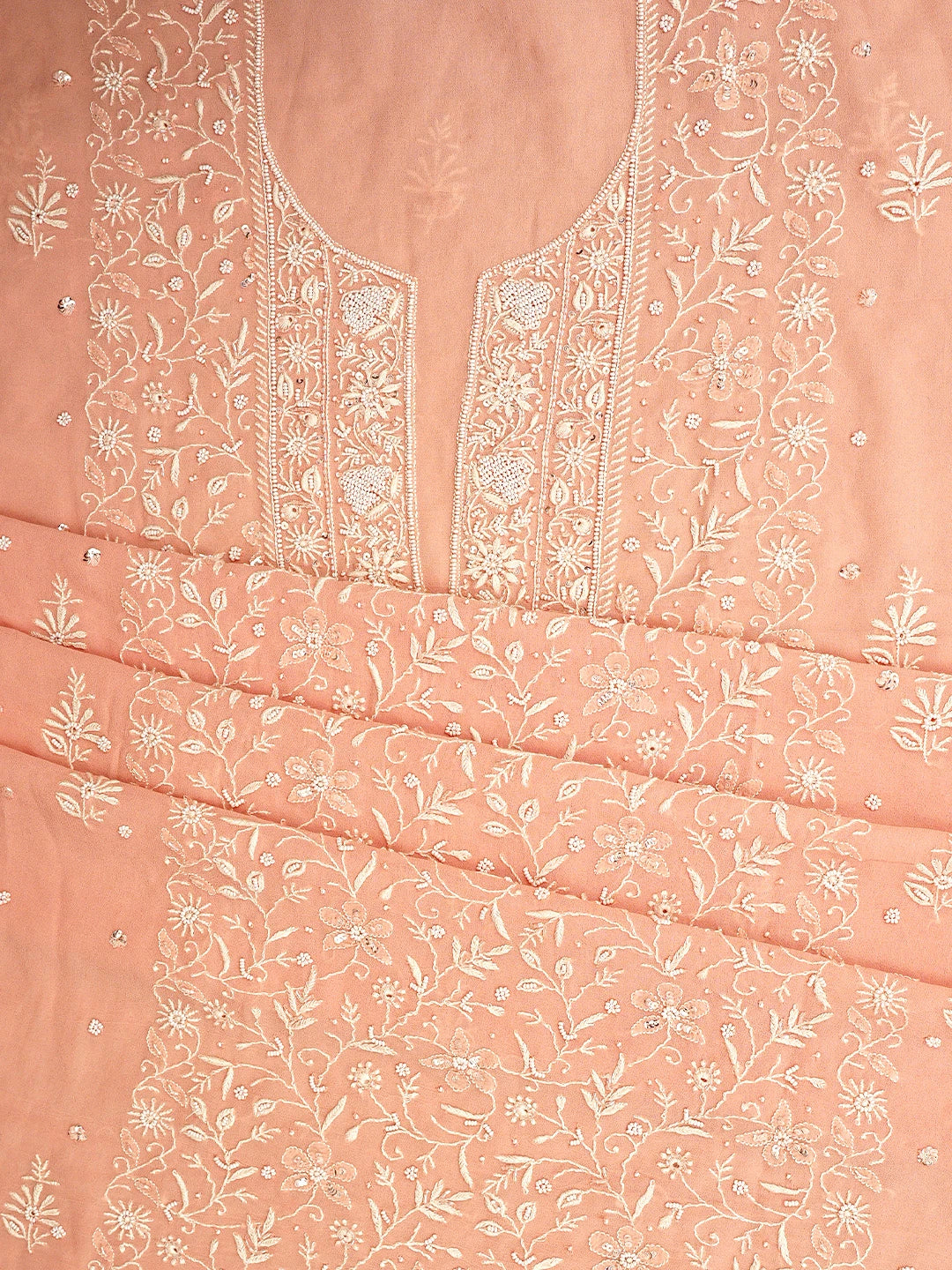 Ada Hand Embroidered Peach Viscose Georgette Lucknowi Chikankari Unstitched Kurta Dupatta Set With Cutdana Work 01A856619