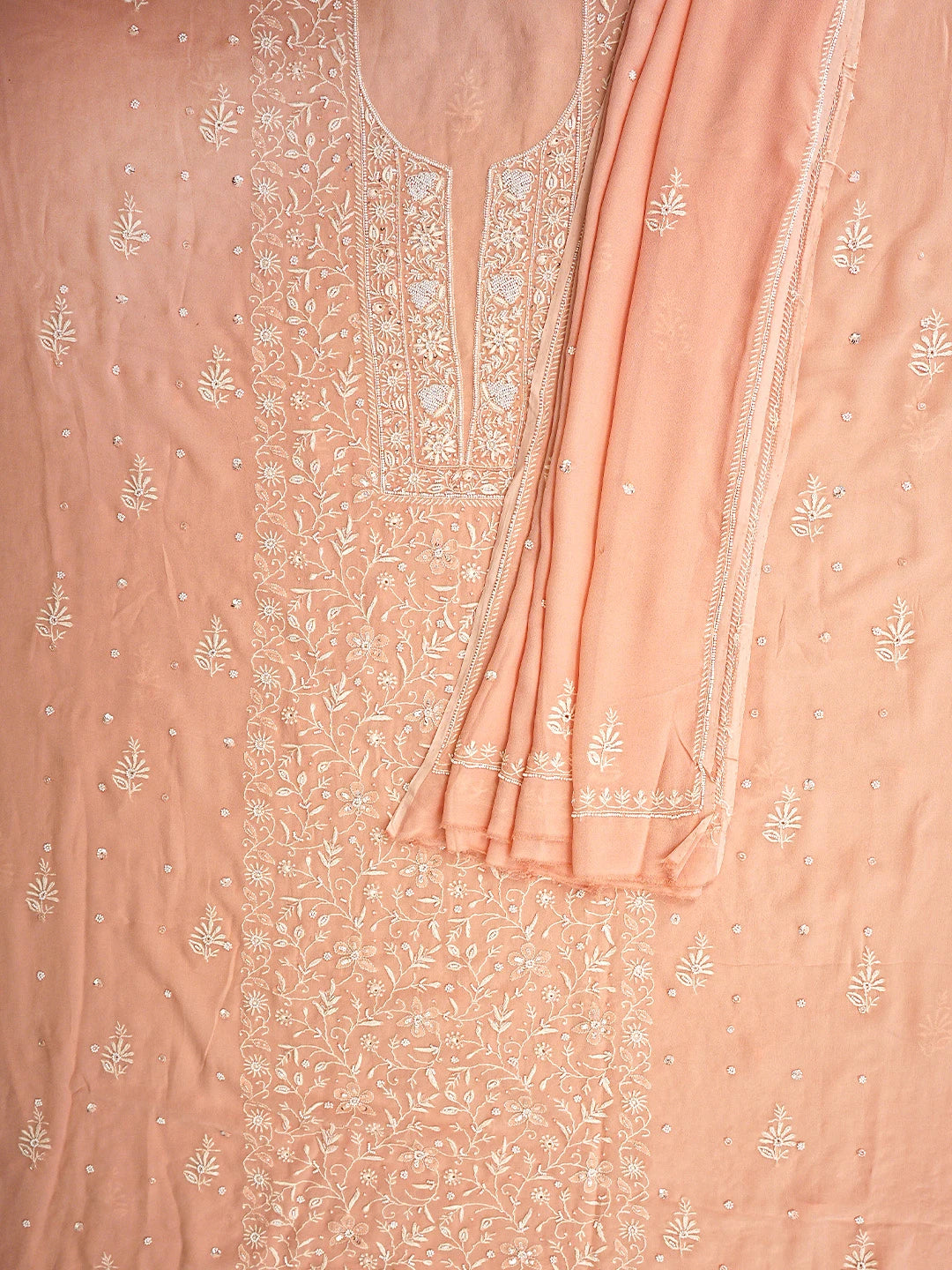 Ada Hand Embroidered Peach Viscose Georgette Lucknowi Chikankari Unstitched Kurta Dupatta Set With Cutdana Work 01A856619
