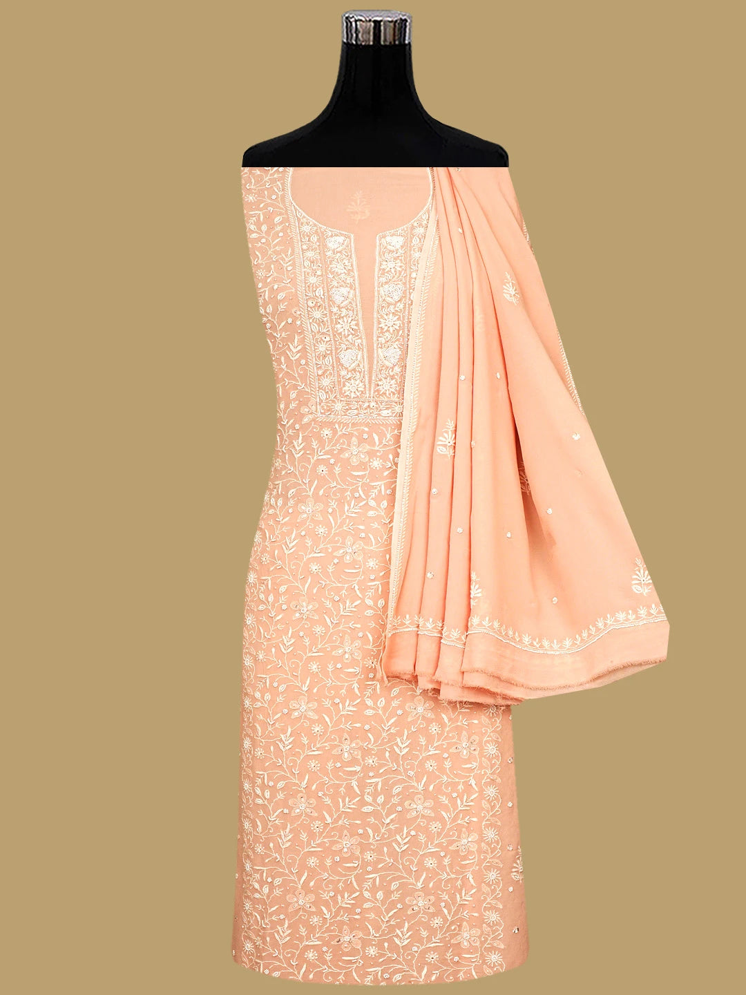 Ada Hand Embroidered Peach Viscose Georgette Lucknowi Chikankari Unstitched Kurta Dupatta Set With Cutdana Work 01A856619