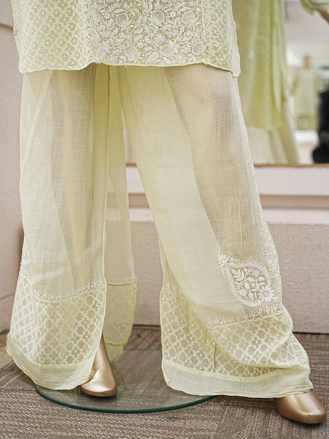 Ada Hand Embroidered Pista Green Chanderi Lucknowi Chikankari Semi-Stitched Straight Kurta/Palazzo Set With Cutdana Work 01A935517
