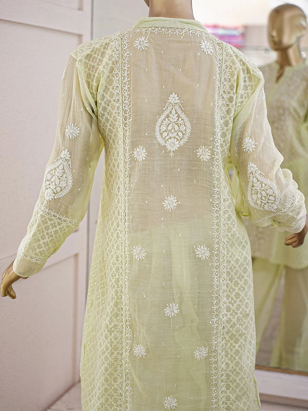 Ada Hand Embroidered Pista Green Chanderi Lucknowi Chikankari Semi-Stitched Straight Kurta/Palazzo Set With Cutdana Work 01A935517