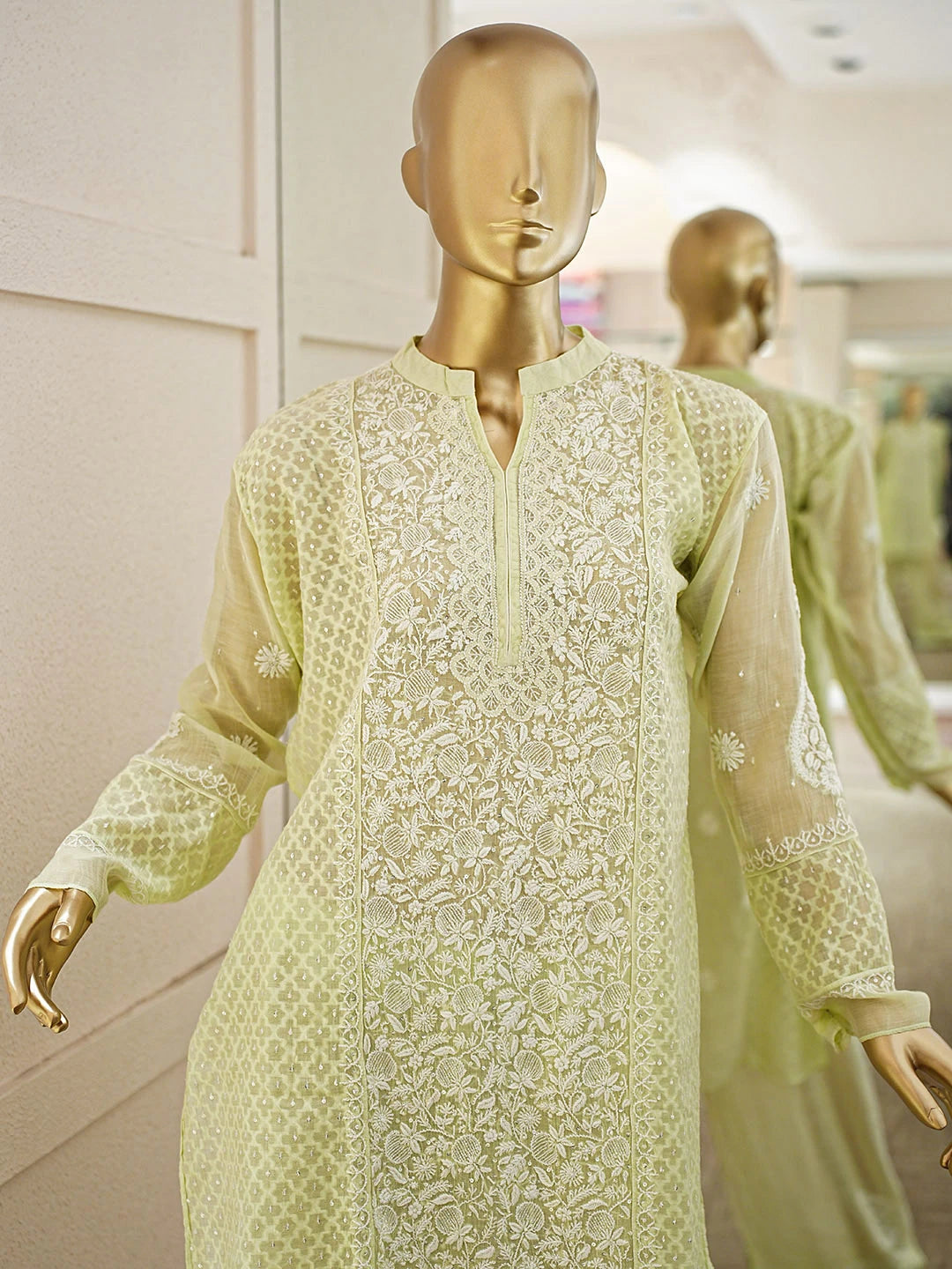 Ada Hand Embroidered Pista Green Chanderi Lucknowi Chikankari Semi-Stitched Straight Kurta/Palazzo Set With Cutdana Work 01A935517