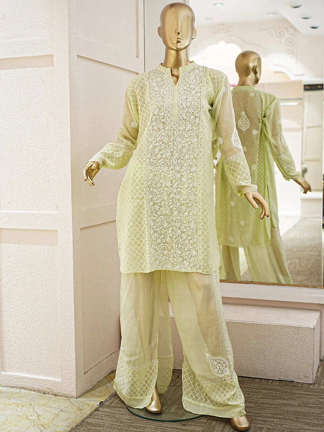 Ada Hand Embroidered Pista Green Chanderi Lucknowi Chikankari Semi-Stitched Straight Kurta/Palazzo Set With Cutdana Work 01A935517
