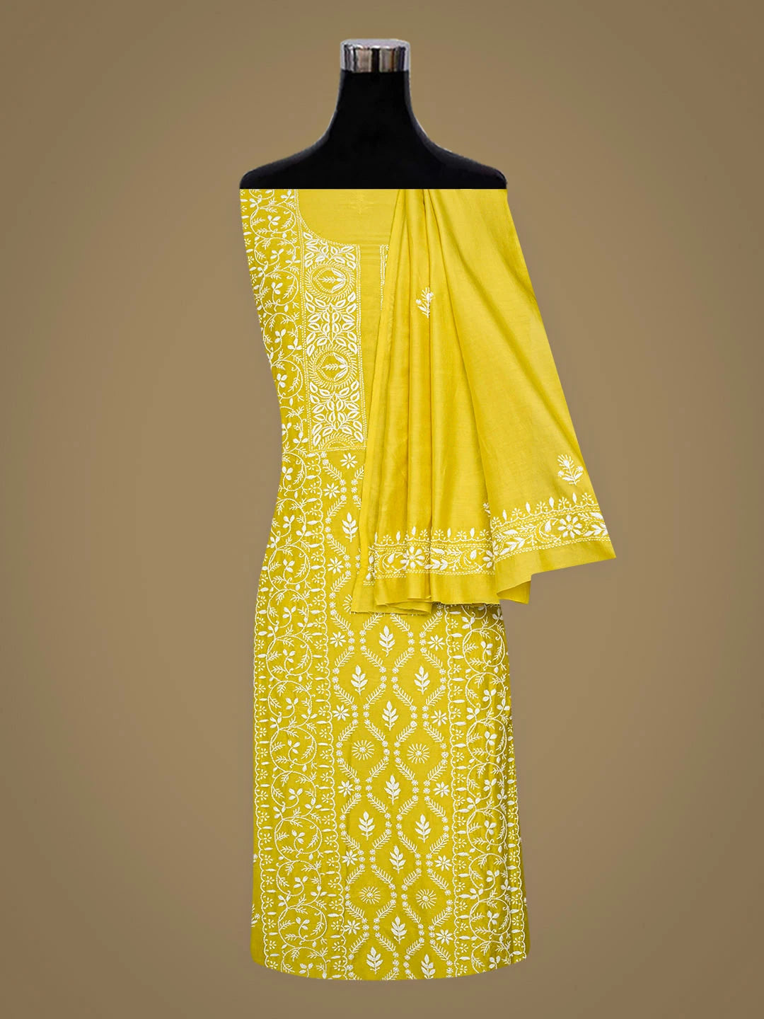 Ada Hand Embroidered Mehandi Green Chanderi Lucknowi Chikankari Unstitched Kurta Dupatta Set 01A932545