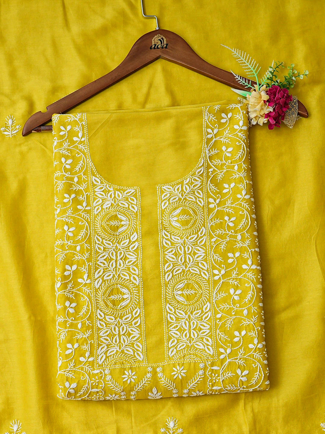 Ada Hand Embroidered Mehandi Green Chanderi Lucknowi Chikankari Unstitched Kurta Dupatta Set 01A932545