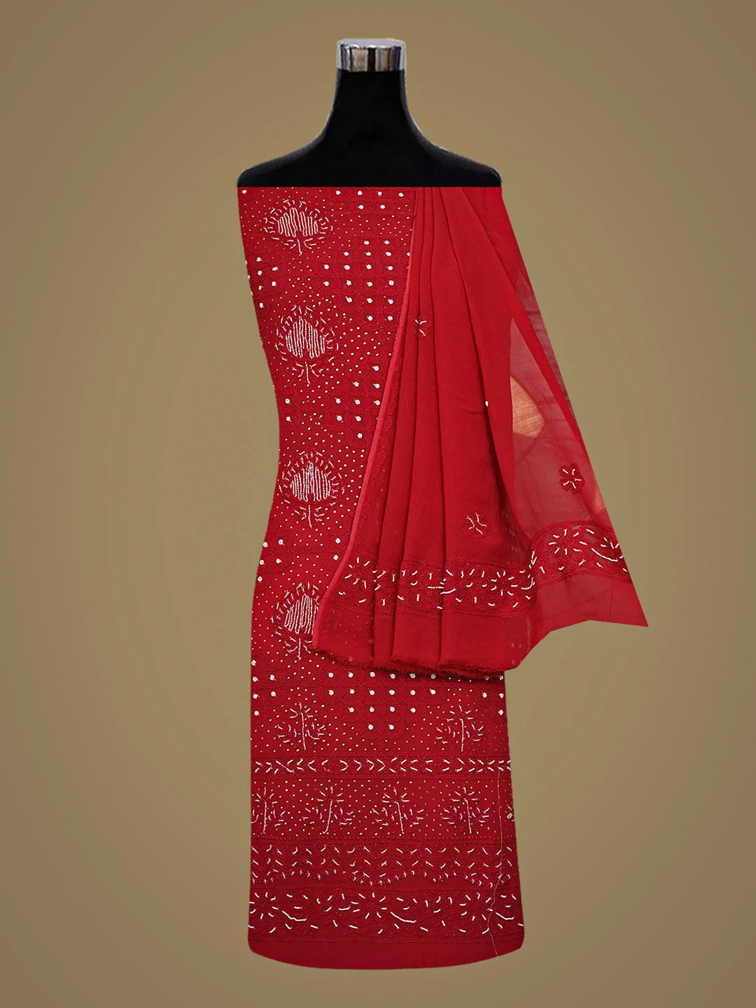 Ada Hand Embroidered Dark Red Viscose Georgette Lucknowi Chikankari Unstitched Kurta Dupatta Set With Pearl Work 01A910978