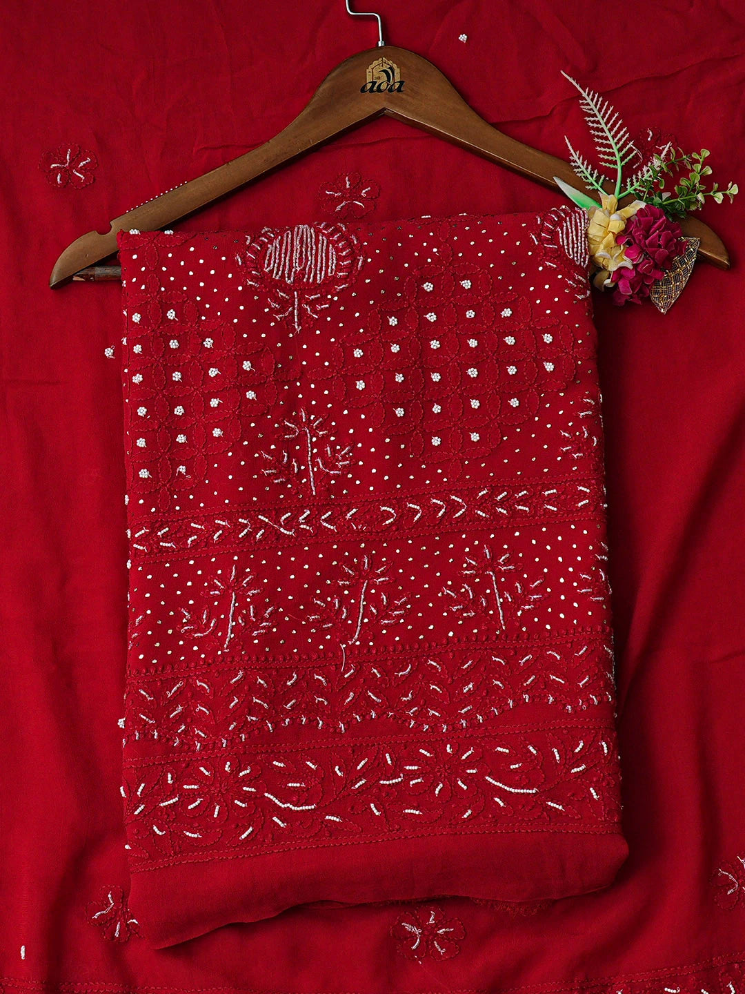 Ada Hand Embroidered Dark Red Viscose Georgette Lucknowi Chikankari Unstitched Kurta Dupatta Set With Pearl Work 01A910978
