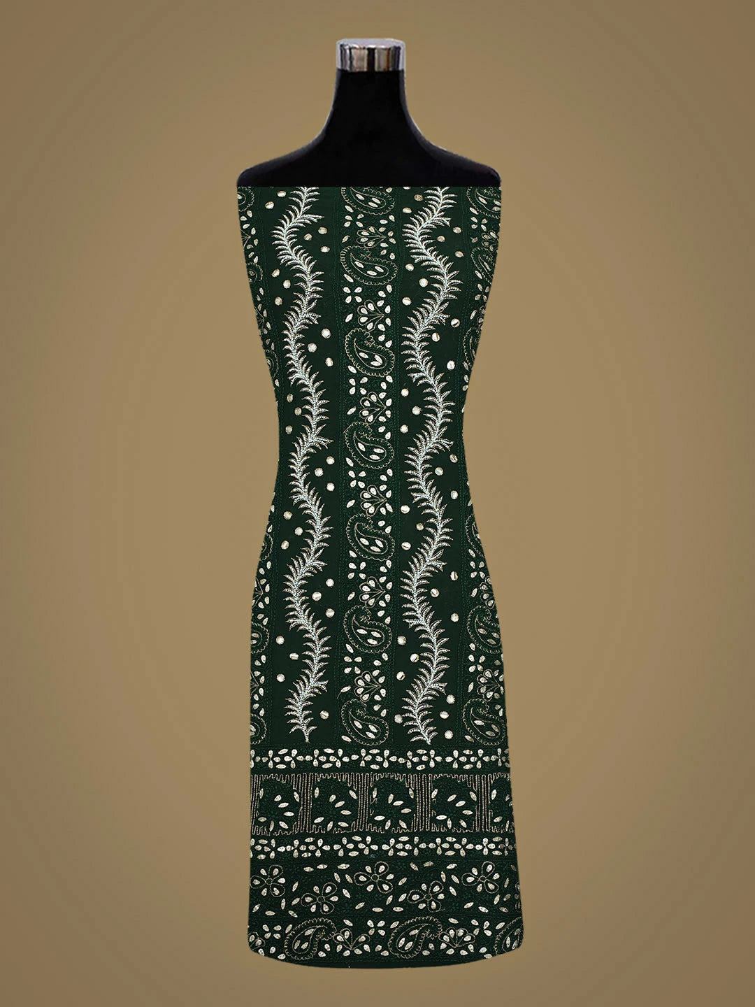 Ada Hand Embroidered Dark Green Viscose Georgette Lucknowi Chikankari Unstitched Kurta Dupatta Set With Pearl Work 01A405972