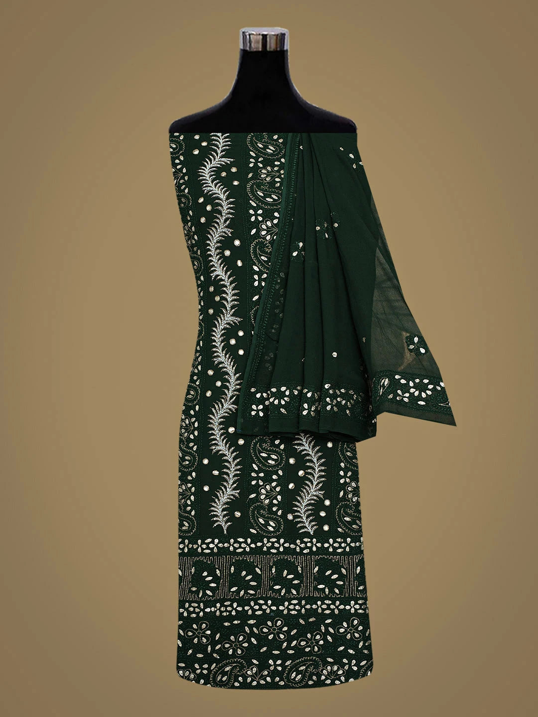 Ada Hand Embroidered Dark Green Viscose Georgette Lucknowi Chikankari Unstitched Kurta Dupatta Set With Pearl Work 01A405972