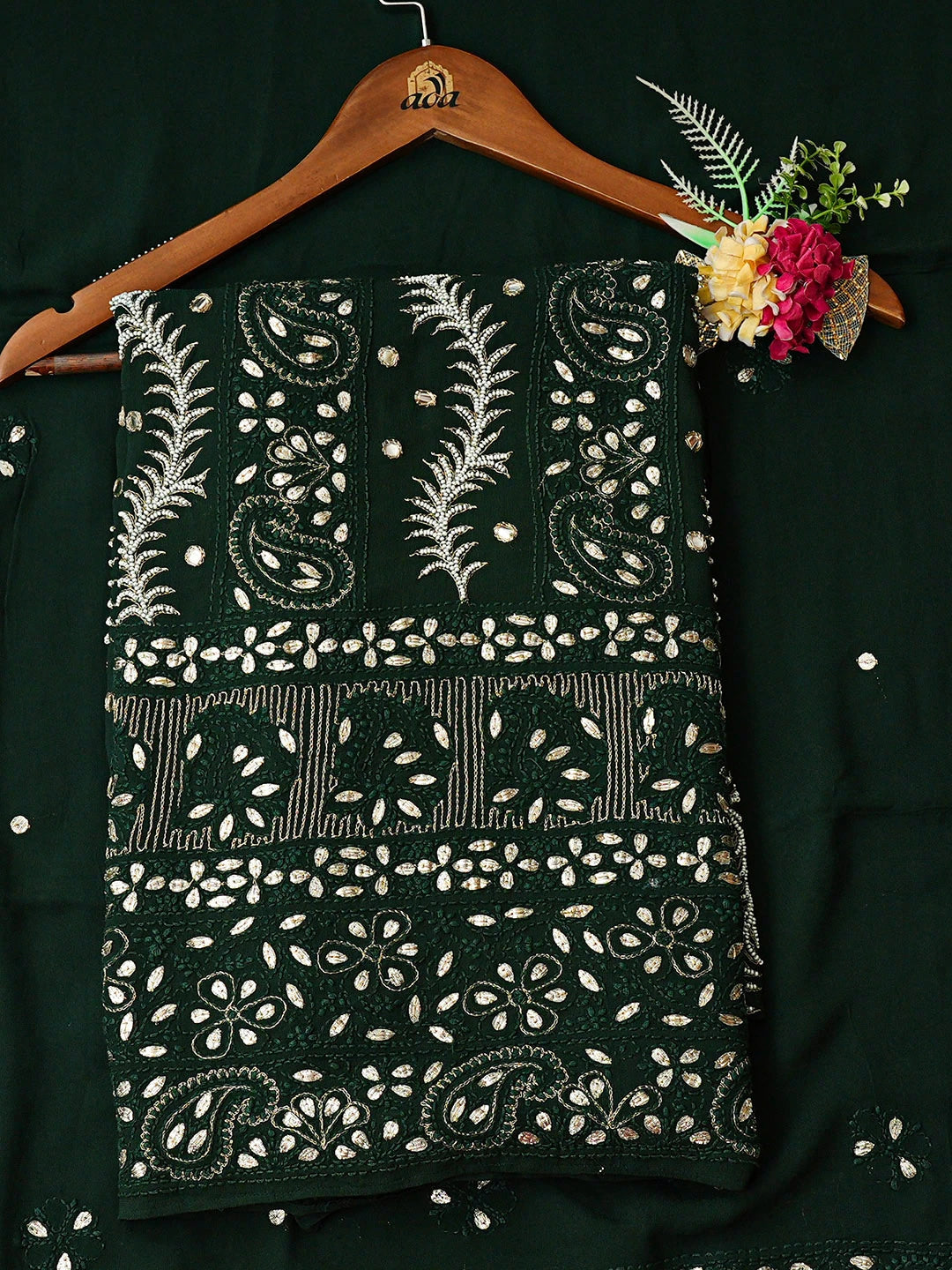 Ada Hand Embroidered Dark Green Viscose Georgette Lucknowi Chikankari Unstitched Kurta Dupatta Set With Pearl Work 01A405972