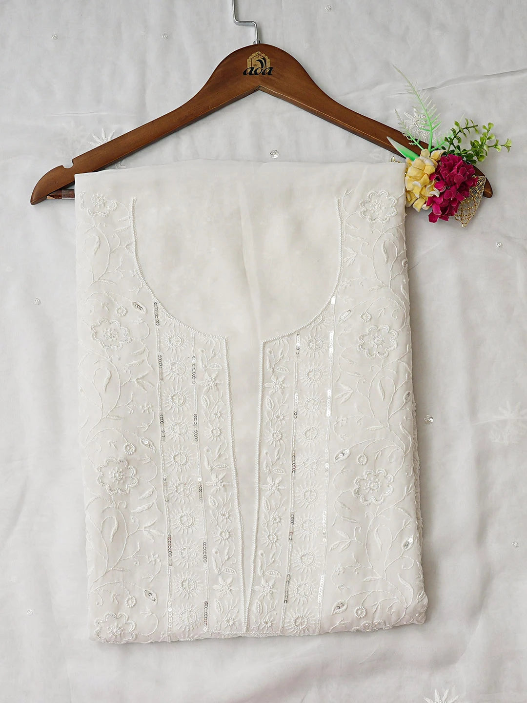Ada Hand Embroidered White Viscose Georgette Lucknowi Chikankari Unstitched Kurta Dupatta Set With Pearl Work 01A923433