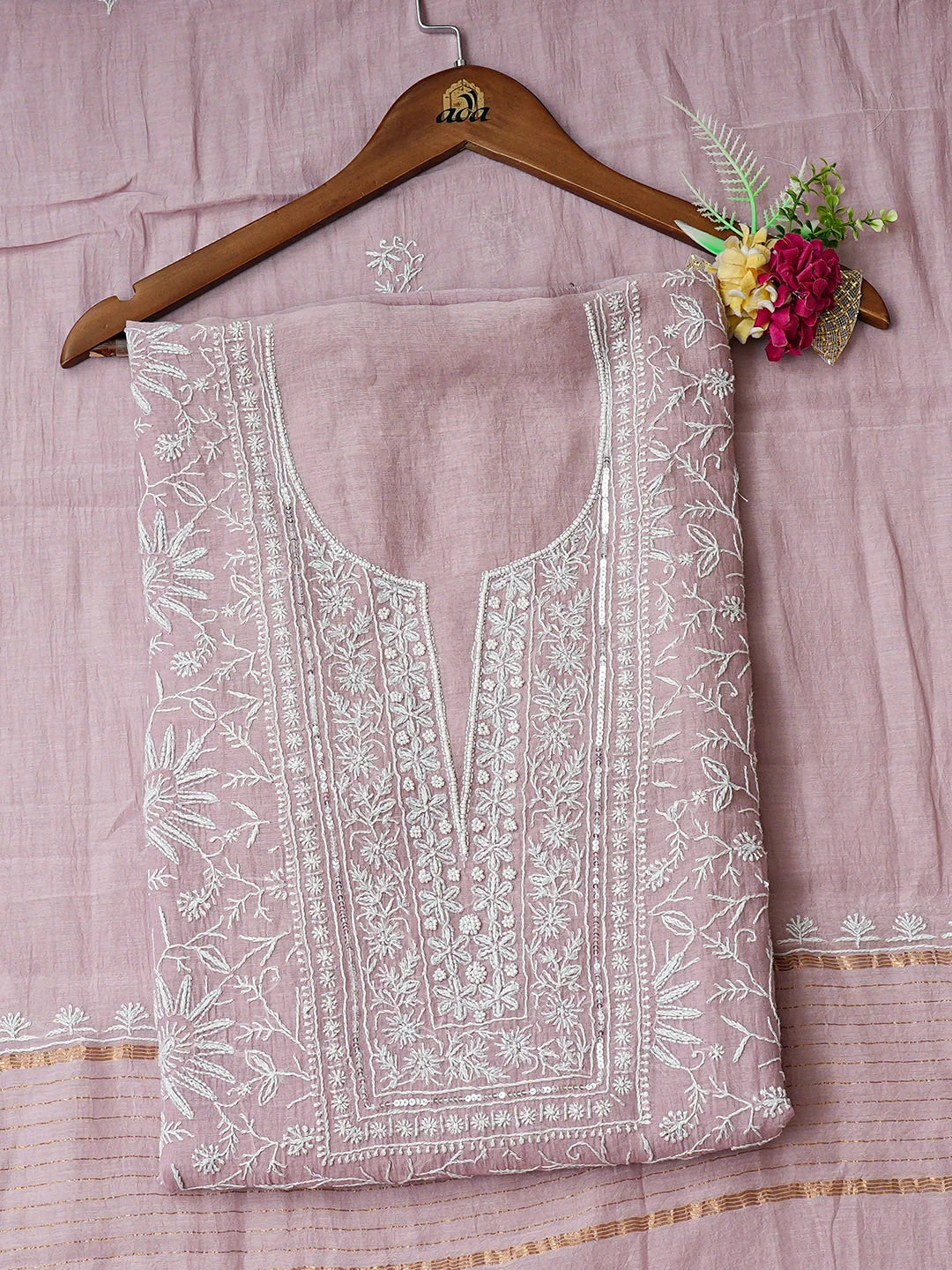 Ada Hand Embroidered Lavender Chanderi Lucknowi Chikankari Unstitched Kurta Dupatta Set With Cutdana Work 01A934923