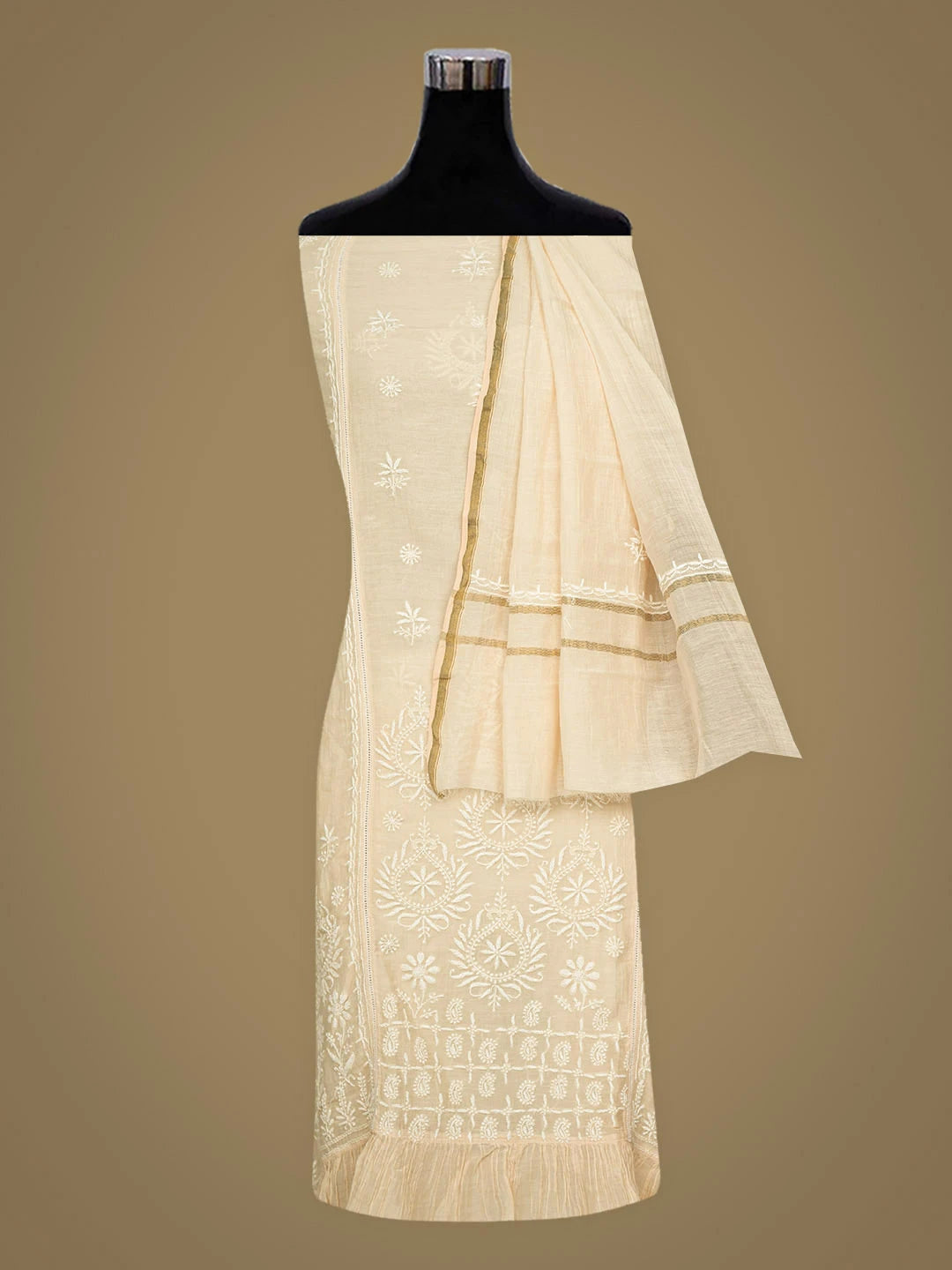 Ada Hand Embroidered Peach Chanderi Lucknowi Chikankari Unstitched Kurta Dupatta Set 01A489138
