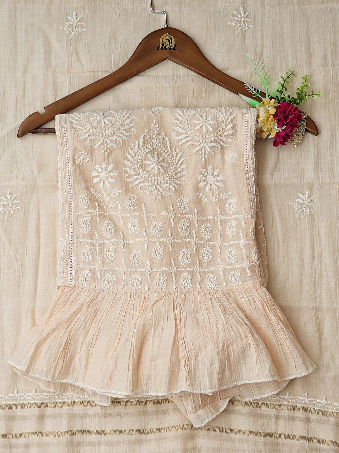 Ada Hand Embroidered Peach Chanderi Lucknowi Chikankari Unstitched Kurta Dupatta Set 01A489138