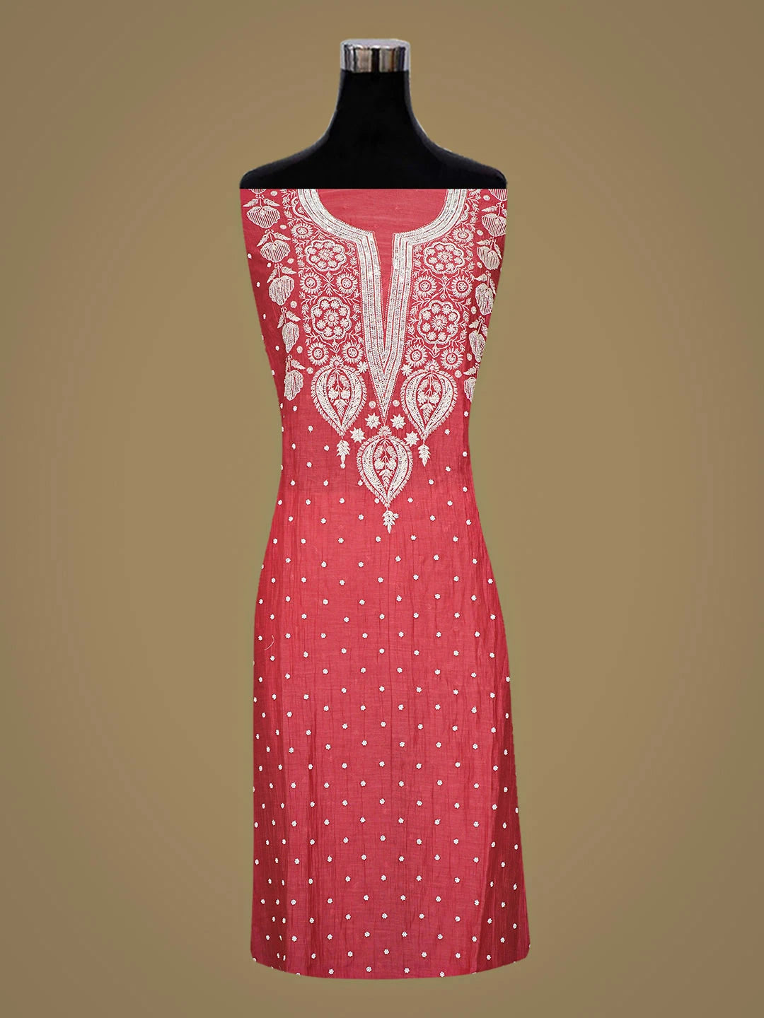 Ada Hand Embroidered Carrot Pink Chanderi Lucknowi Chikankari Semi-Stitched Kurta Dupatta Set With Pearl Work 01A933005