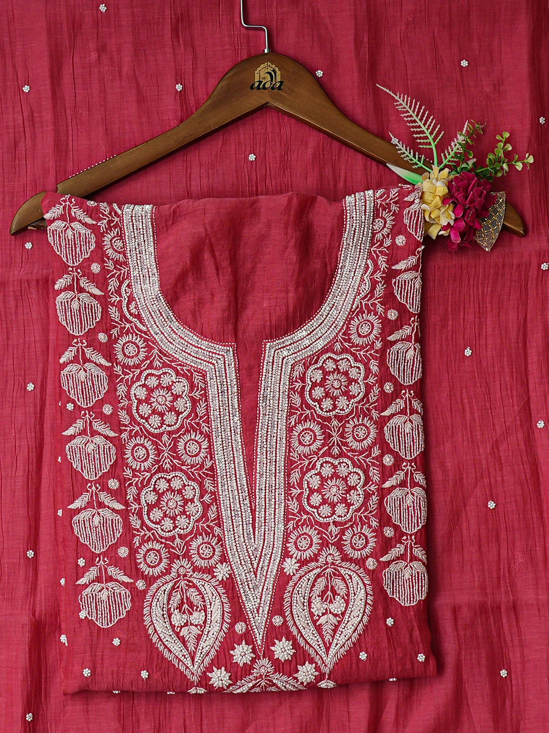 Ada Hand Embroidered Carrot Pink Chanderi Lucknowi Chikankari Semi-Stitched Kurta Dupatta Set With Pearl Work 01A933005