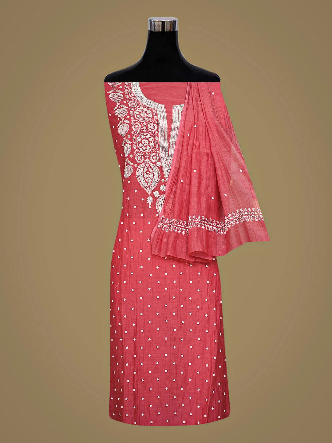 Ada Hand Embroidered Carrot Pink Chanderi Lucknowi Chikankari Semi-Stitched Kurta Dupatta Set With Pearl Work 01A933005