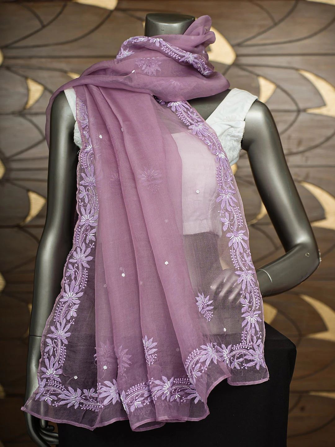 Ada Hand Embroidered Mauve Organza Lucknowi Chikankari Dupatta with Pearl Work 01A754227