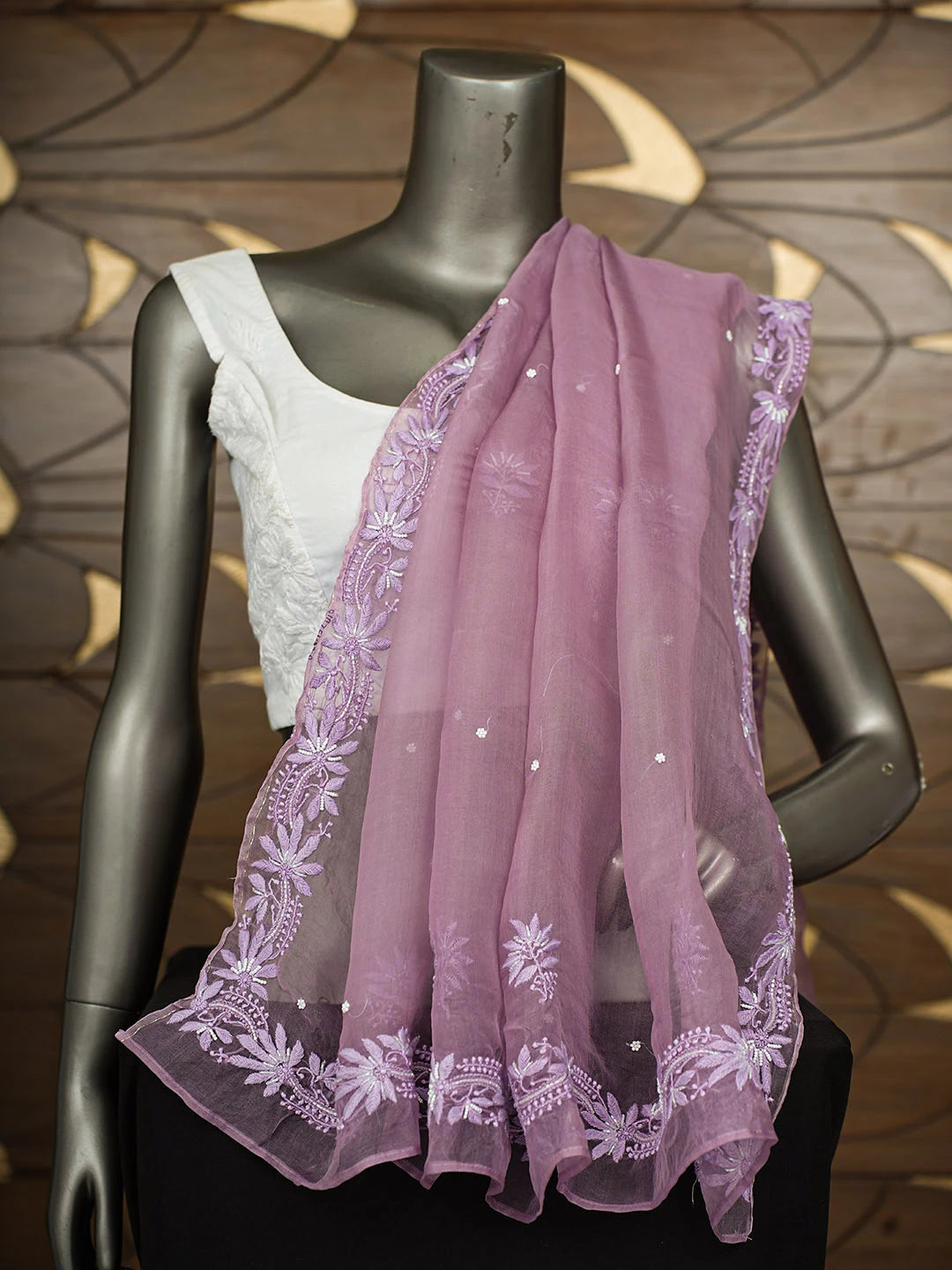 Ada Hand Embroidered Mauve Organza Lucknowi Chikankari Dupatta with Pearl Work 01A754227