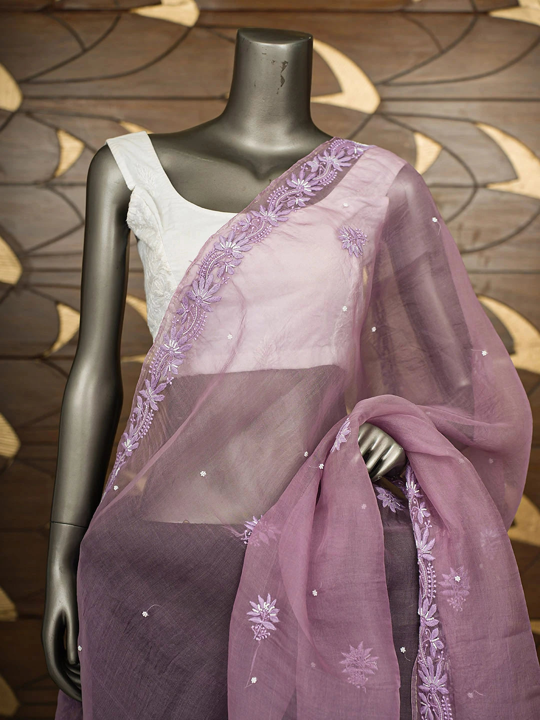 Ada Hand Embroidered Mauve Organza Lucknowi Chikankari Dupatta with Pearl Work 01A754227