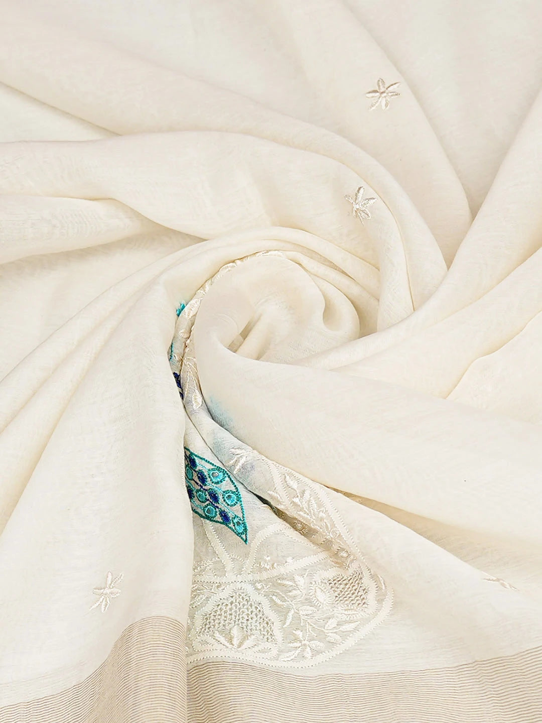 Ada Hand Embroidered White Chanderi Lucknowi Chikankari Dupatta 01A943583
