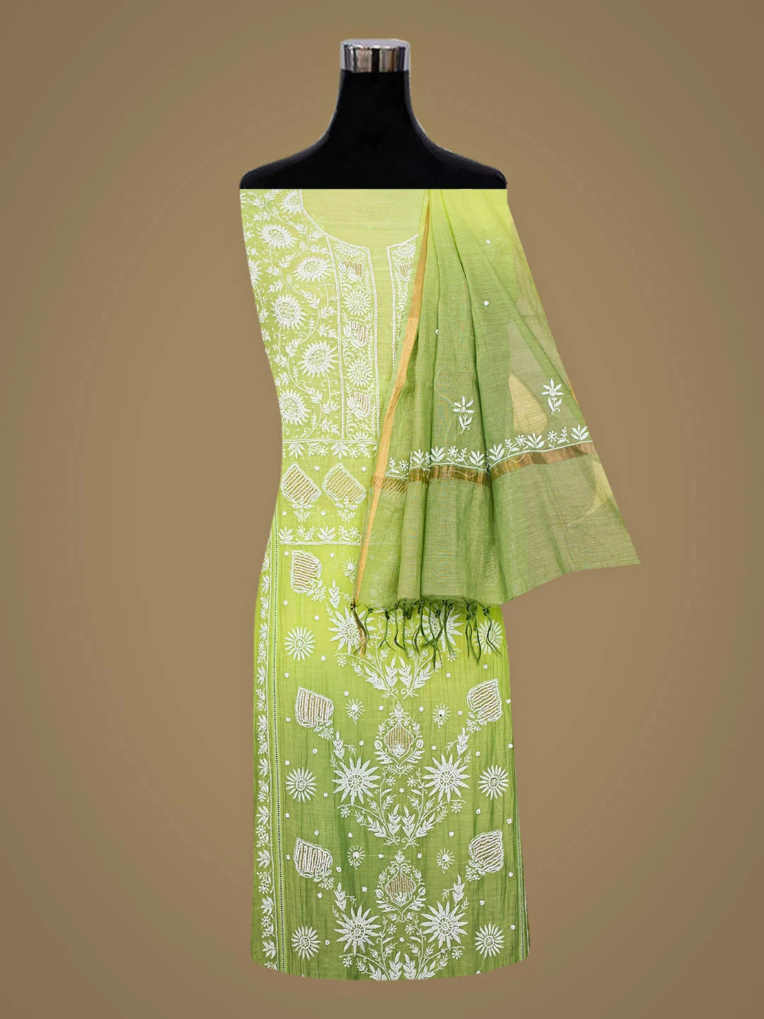 Ada Hand Embroidered Ombre Green Chanderi Lucknowi Chikankari Semi-Stitched Kurta Dupatta Set With Pearl Work 01A811876