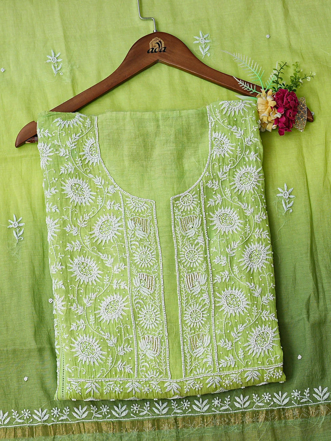Ada Hand Embroidered Ombre Green Chanderi Lucknowi Chikankari Semi-Stitched Kurta Dupatta Set With Pearl Work 01A811876