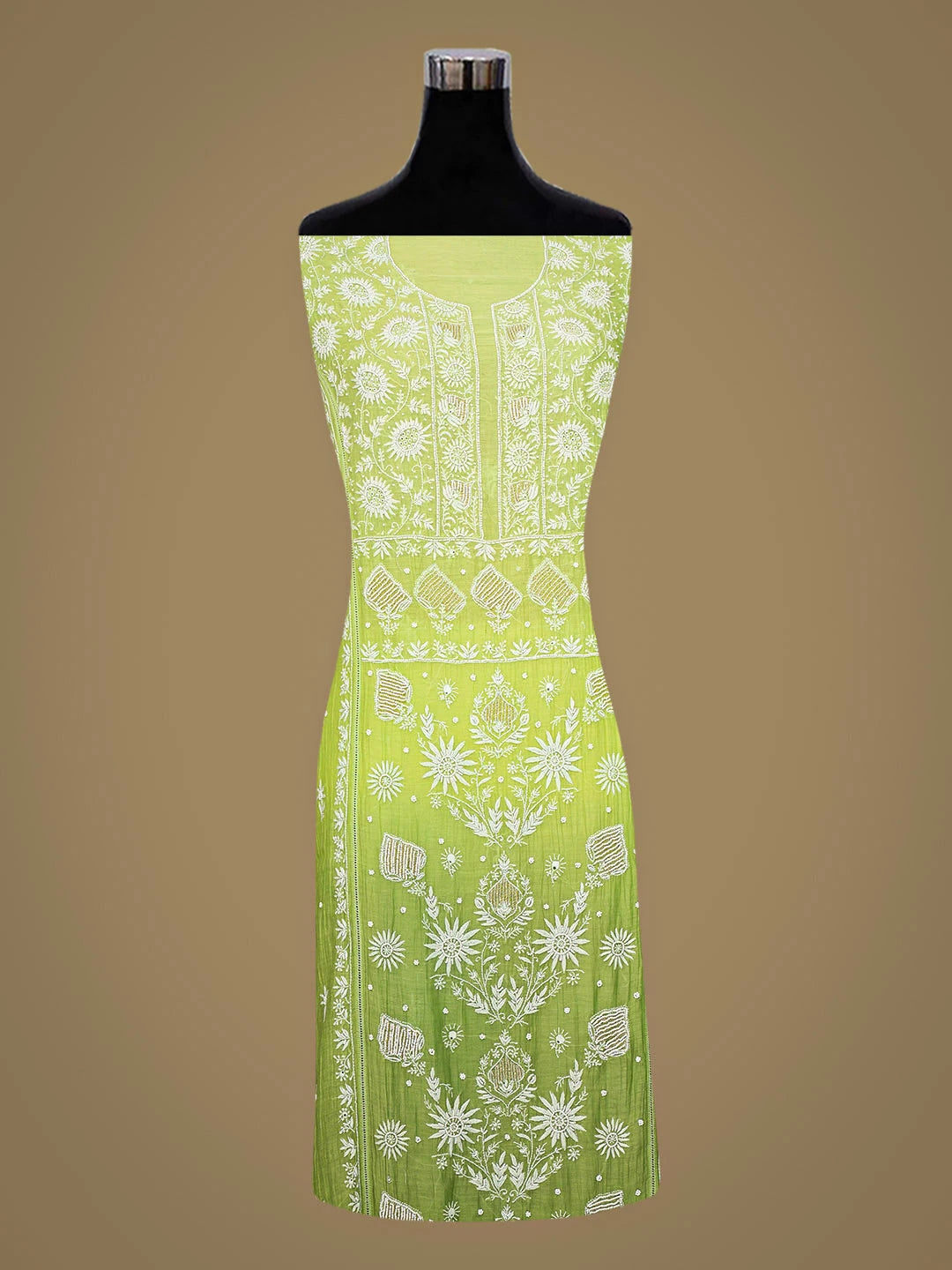 Ada Hand Embroidered Ombre Green Chanderi Lucknowi Chikankari Semi-Stitched Kurta Dupatta Set With Pearl Work 01A811876
