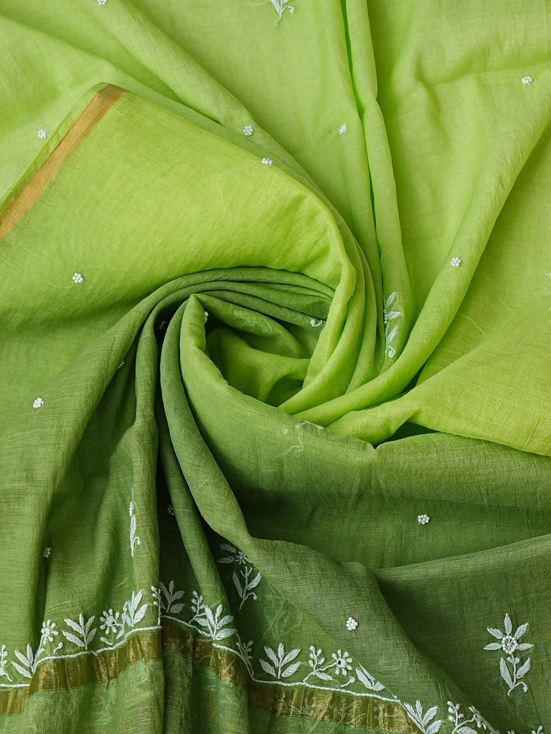 Ada Hand Embroidered Ombre Green Chanderi Lucknowi Chikankari Semi-Stitched Kurta Dupatta Set With Pearl Work 01A811876