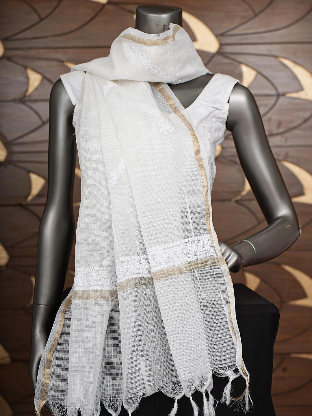 Ada Hand Embroidered White Kota Chanderi Lucknowi Chikankari Dupatta 01A862857