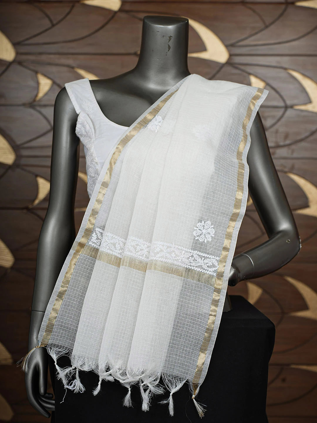 Ada Hand Embroidered White Chanderi Lucknowi Chikankari Dupatta 01A903017