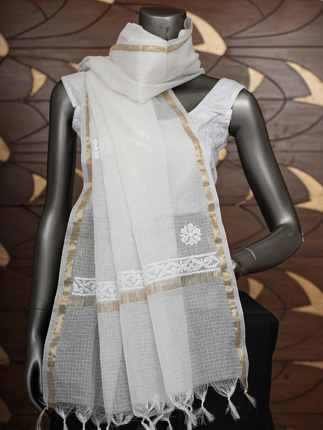Ada Hand Embroidered White Chanderi Lucknowi Chikankari Dupatta 01A903017