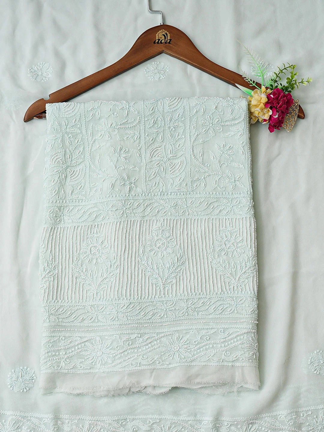 Ada Hand Embroidered Sea Green Viscose Georgette Lucknowi Chikankari Unstitched Kurta Dupatta Set With Pearl Work 01A924811