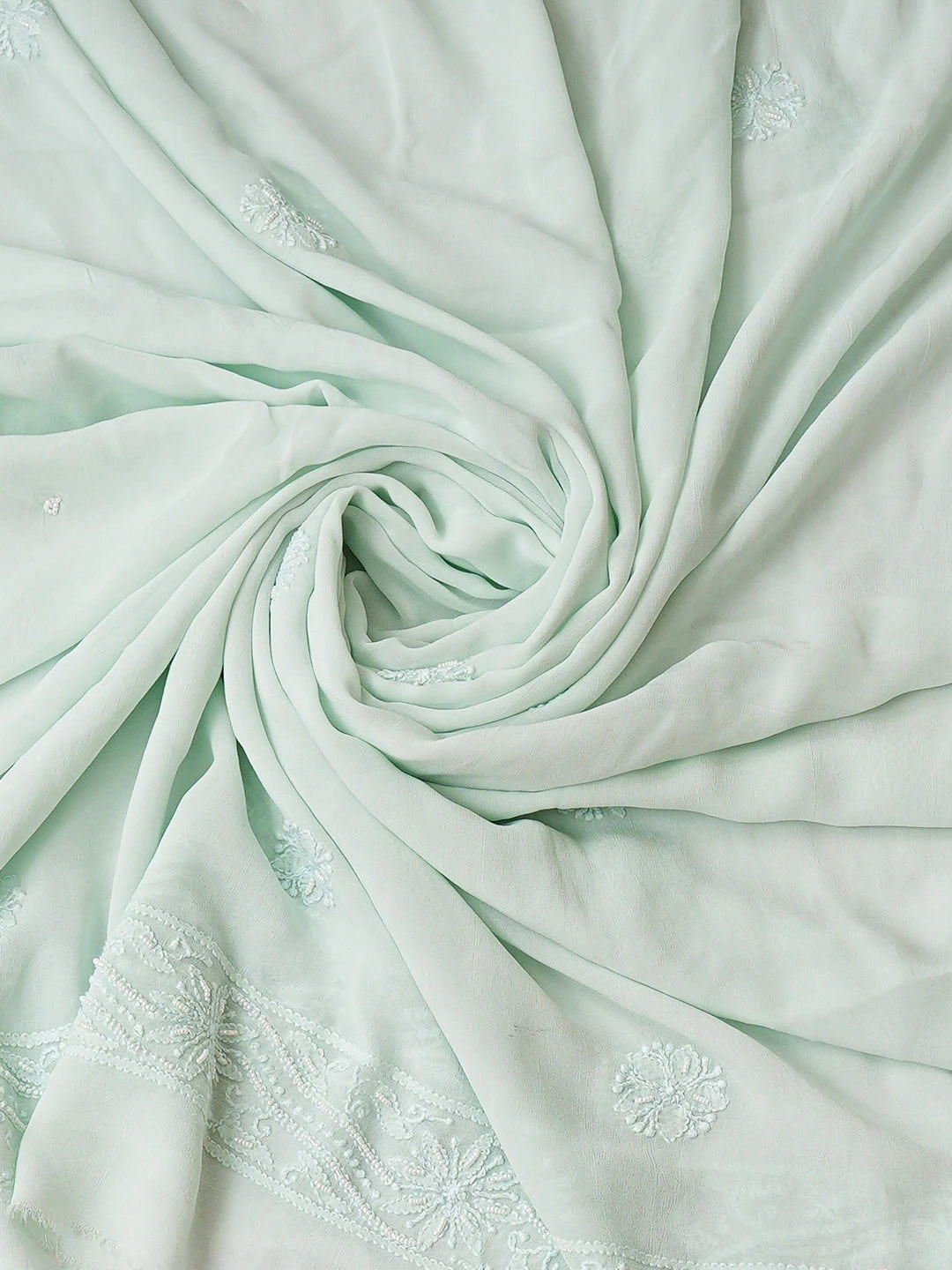 Ada Hand Embroidered Sea Green Viscose Georgette Lucknowi Chikankari Unstitched Kurta Dupatta Set With Pearl Work 01A924811