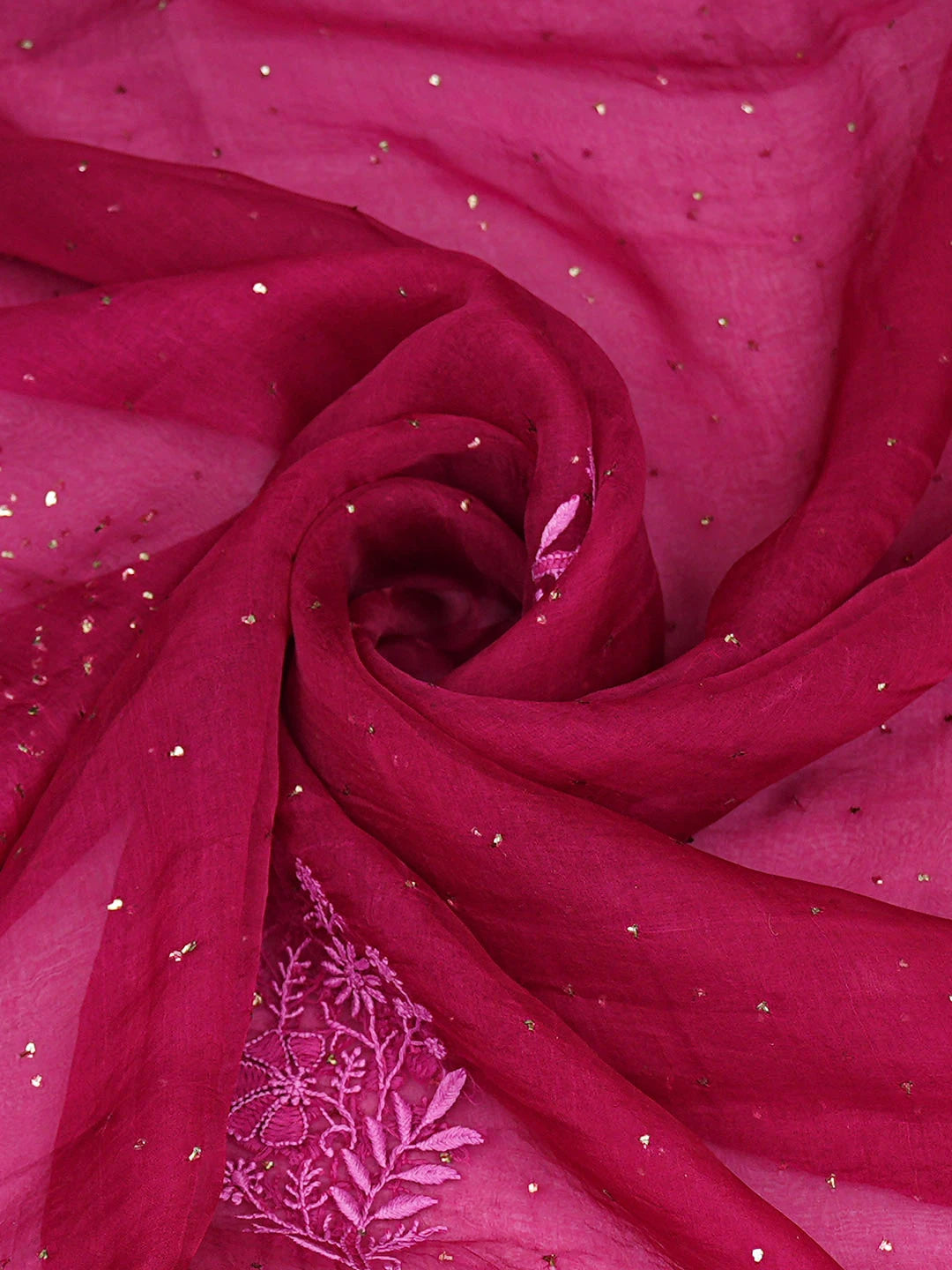 Ada Hand Embroidered Onion Pink Organza Lucknowi Chikankari Dupatta With Muqaish Work 01A781981